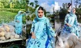 নিজ এলাকায় নৌকায় ঘুরে ঘুরে ত্রাণ বিতরণ করলেন বুবলী